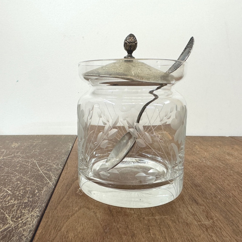 Antique Sterling Silver Cut Glass Mustard Pot Jar with W.R. Silver Plate Spoon